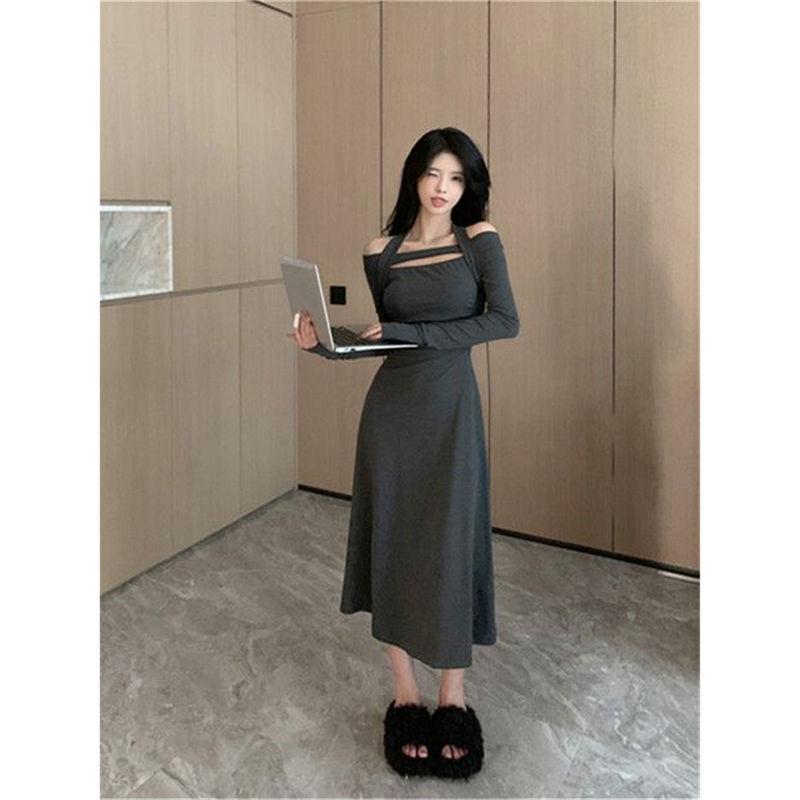 Sweet Spice Girl Versatile Off-Shoulder Neck Long Sleeve Dress Women's Autumn and Winter Design Sense Waist Skinny Hip Wrap Long Skirt