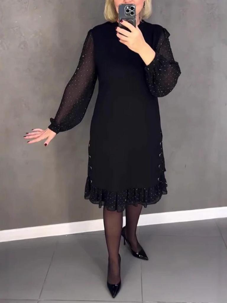 European and American Solid Color Round Neck Lace Pleated Dress - 2024 Autumn/Winter Collection