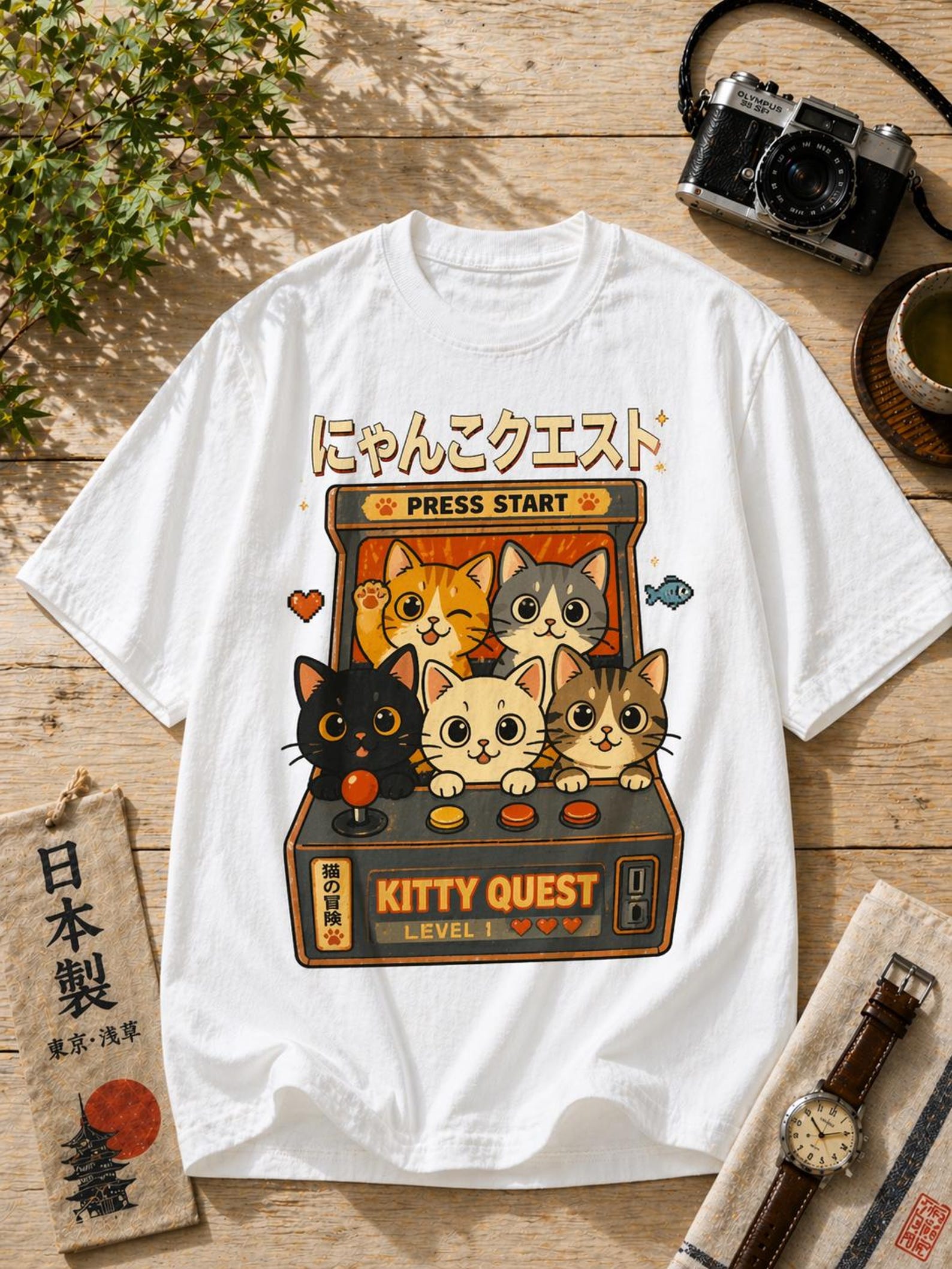 Retro Kitty Arcade T-Shirt – Vintage Japanese Style Cat Gamer Tee (Black) 3XL