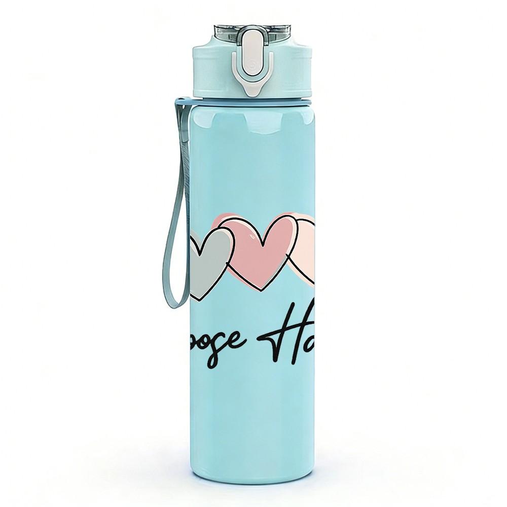 1PC Multi Pastel Heart Choose Happy Print 750ml Color Plastic Sports Water Bottle Leakproof Flip Straw Lid Suitable for Sports Office Home Use