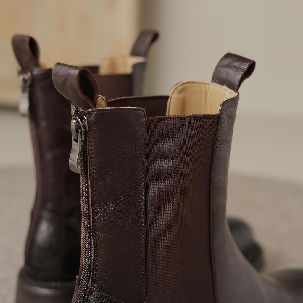 Krazing Pot Cow Leather Autumn Winter Shoes Round Toe Platform Plus Size Basic Clothing Thick Med Heels Slip On Chelsea Boots Women Ankle Boots