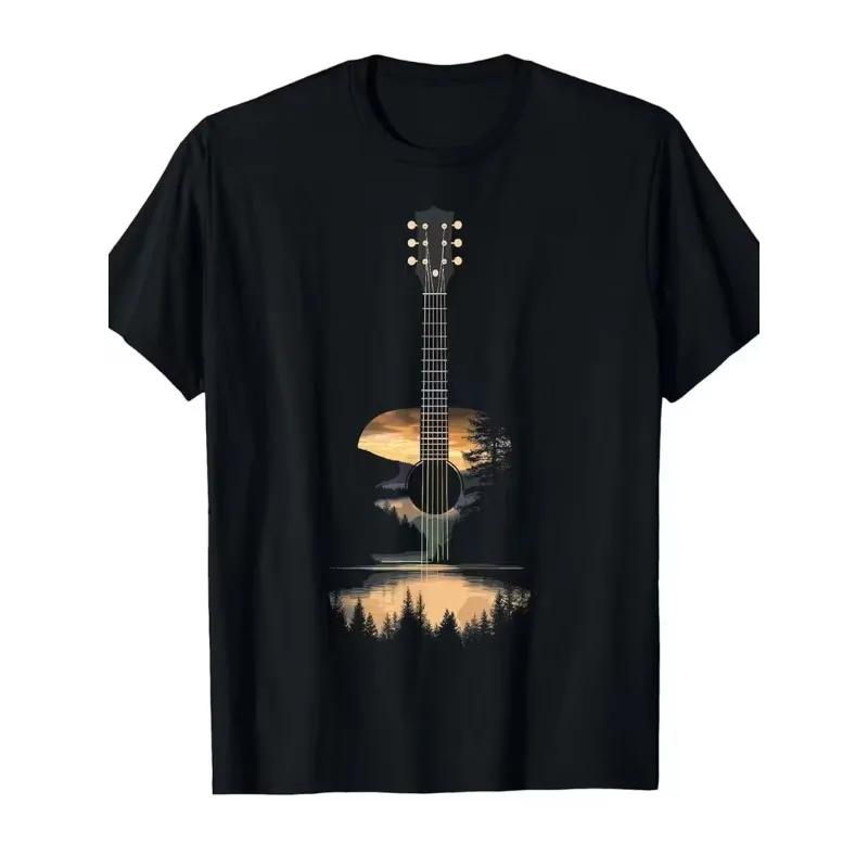 Acoustic Guitar Sunset Lake Trees Graphic Tee Unisex Women Cotton Casual Trip TShirt S