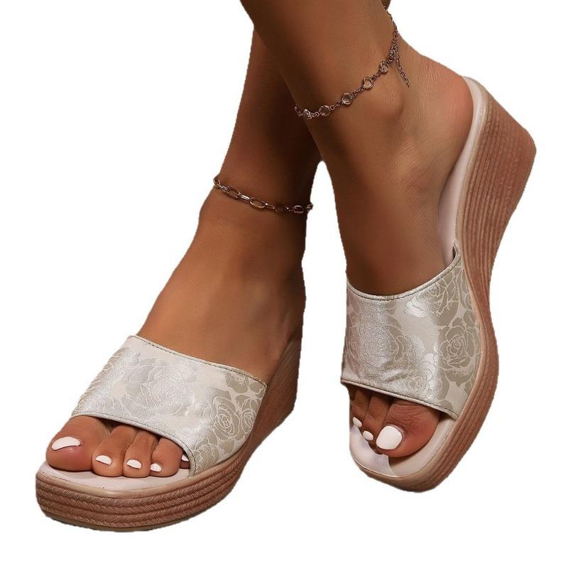 Square head printed thick-soled muffin, foreign trade one-pedal Roman shoes for women's summer new large-size outer wear cool slippers