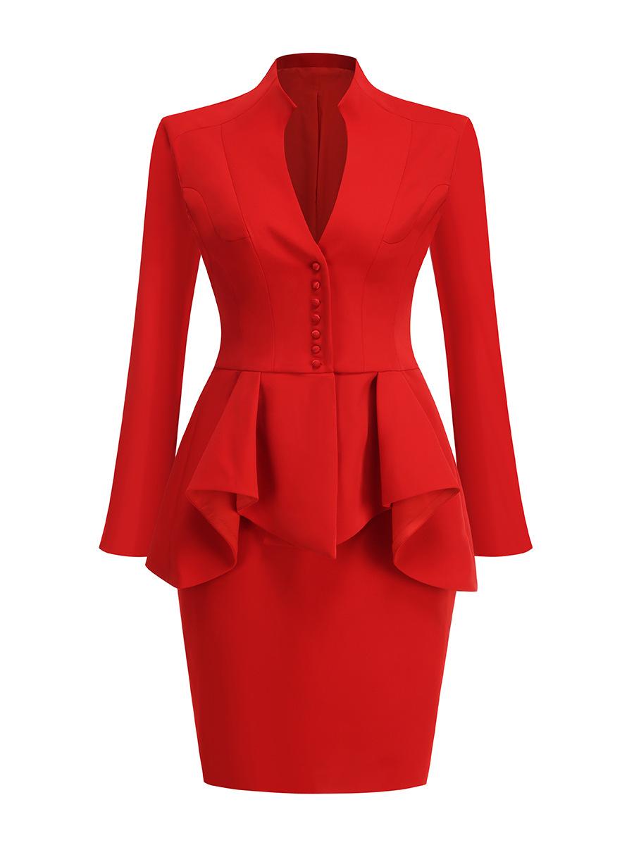 Elegant Petal Sleeve Two-Piece Women s Suit with Sexy Hip-Hugging Skirt Large красный