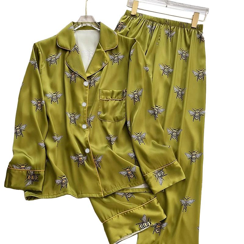 Animal Bee Print Pajamas Set for Women Sleepwear Faux Silk Satin Long Sleeve Pants Female Lounge Spring Fall Cartoon Pyjama