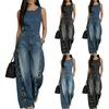 Tuta di Jeans Senza Maniche da Donna Gamba Larga Vestibilità Larga Scollo Rotondo Romper Casual con Quattro Tasche e Dettagli Occhielli Metallici