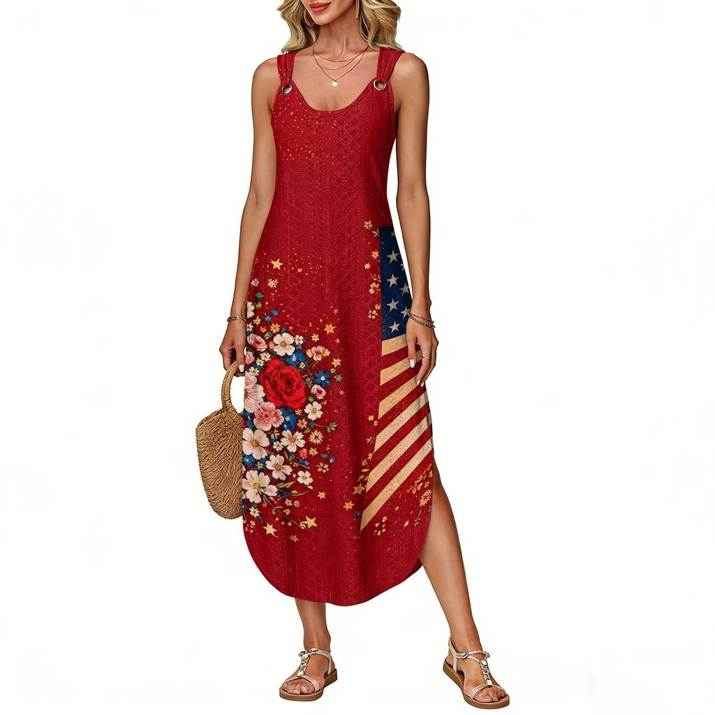 Women's Summer Long Dress Sleeveless Side Slit Long Independence Day Print Vacator Dress