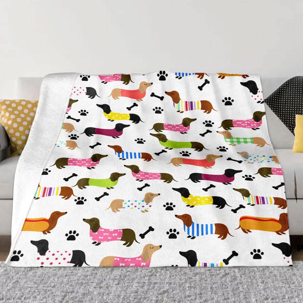 Dachshund Dog Print Blanket - Colorful, Whimsical Throw with Playful Dogs, Paw Prints & Bones, Ideal for Cozy Home Decor or G
