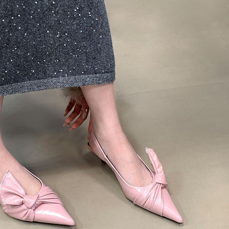 French Medium Heel Bag Head Sandals Women's 2025 New Spring and Summer Pointed Fashion Bow Pointed Fashion Temperament Single Shoes