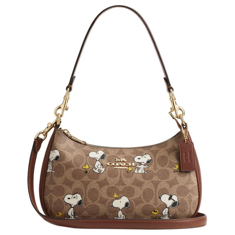 

COACH Peanuts Teri 24 Brand Logo Coated Canvas Shoulder Bag Medium Women s Brown коричневий