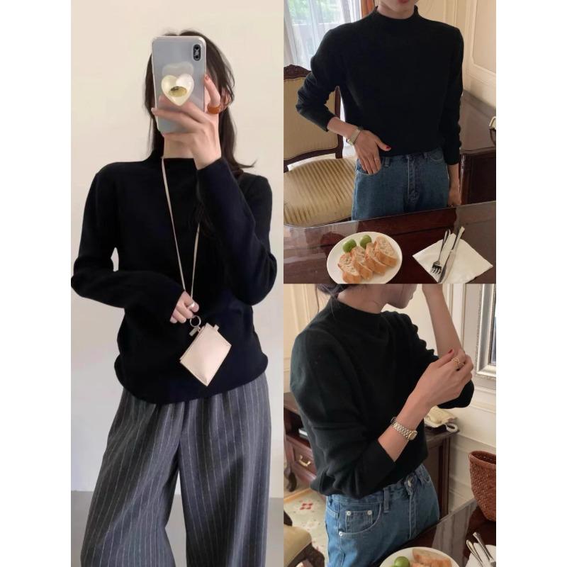 Bruce blue white small stand-up neck sweater women's autumn and winter stacked wear inner long-sleeved bottoming top basic knitted sweater