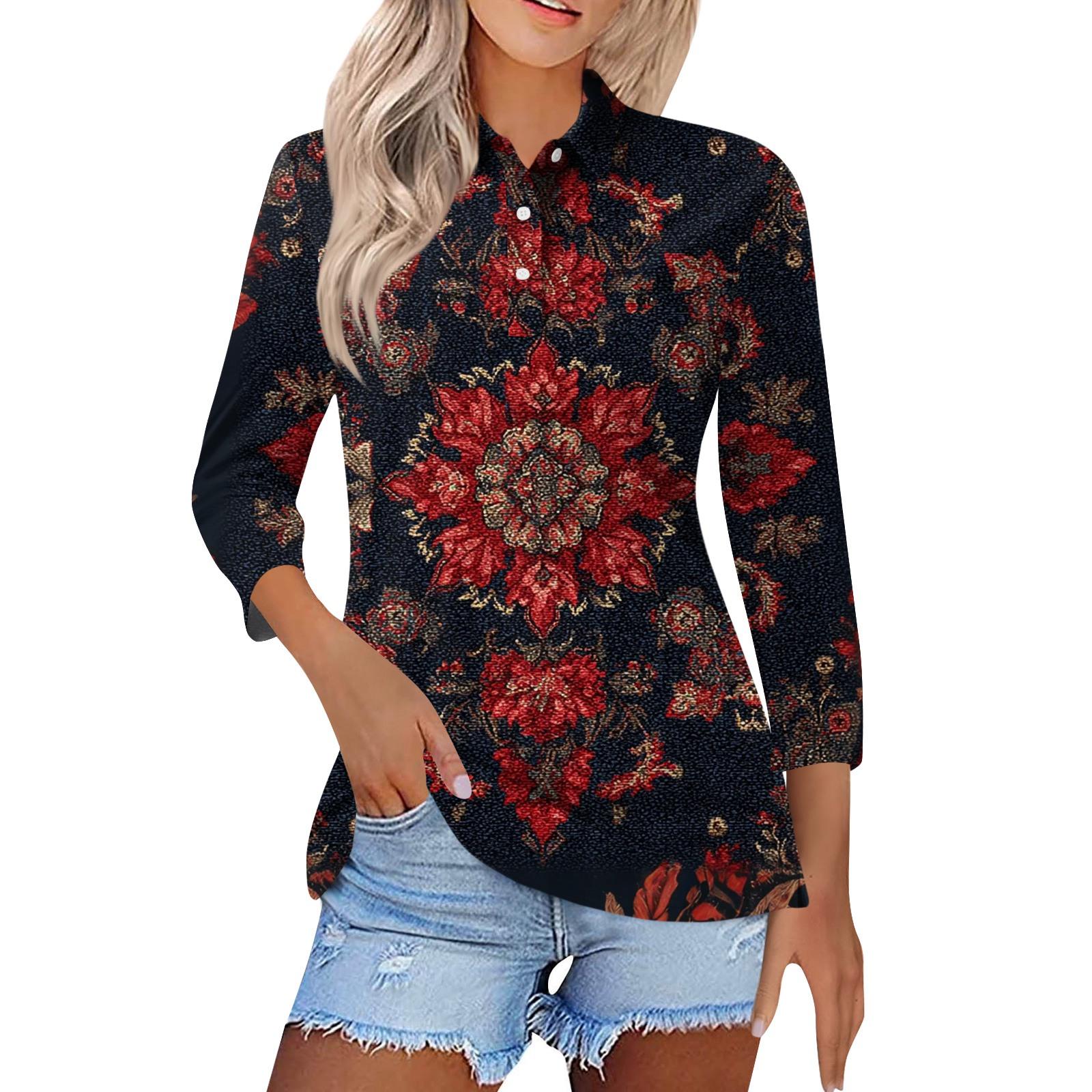 

Women s Fashion Casual Lapel Short 3/4 Sleeve Print Shirt Women s Button Up Tops M красный