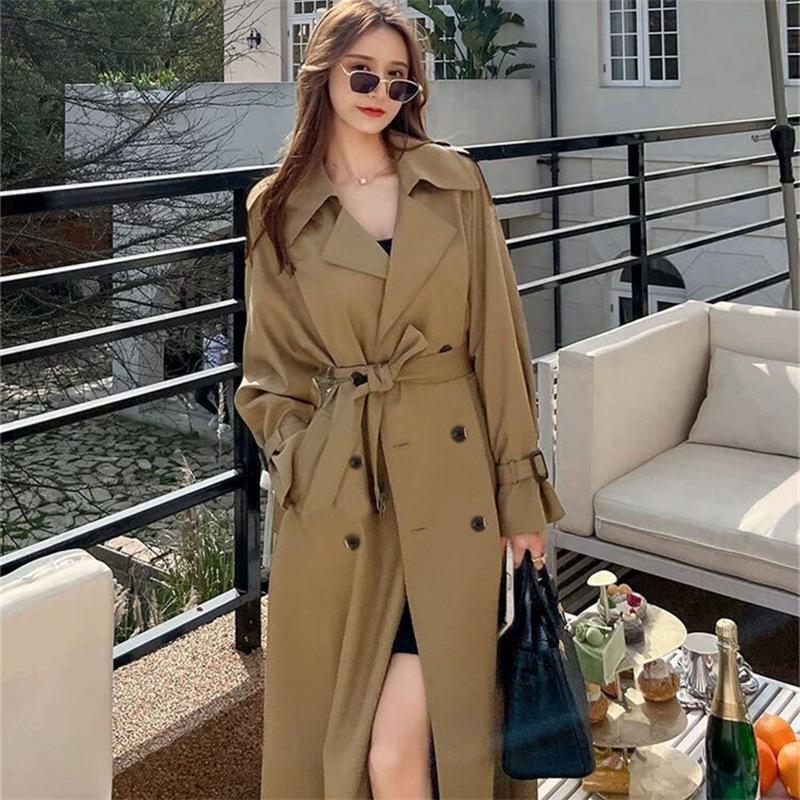 Dámský černý trenčkot střední délky - Korejský & Britský styl, Plus size & Petite, Nad kolena, Perfektní pro jaro & podzim 2025