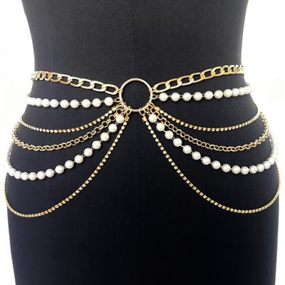 Light Luxury Rhinestone Multi-layer Metal Chain Waist Chain Women's Retro Imitation Pearl Body Chain