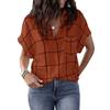 Spring and Summer New Fashion Women's Casual Loose Check Print Pocket V-Neck Short-Sleeved Plus Size Pullover T-Shirt