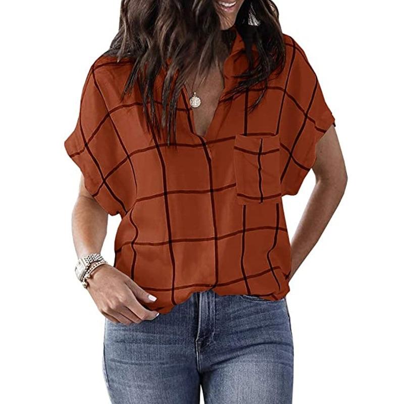 Spring and Summer New Fashion Women's Casual Loose Check Print Pocket V-Neck Short-Sleeved Plus Size Pullover T-Shirt