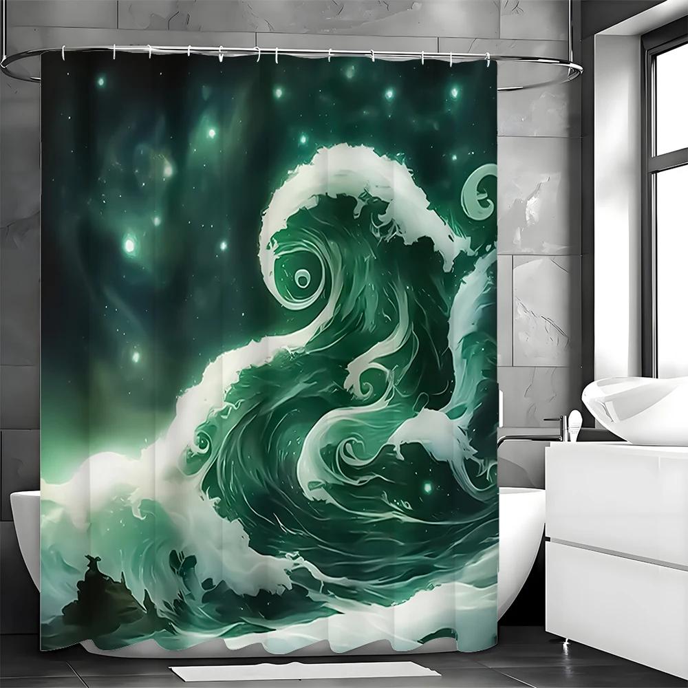 Welle Grün Duschvorhang, Badezimmer Dekorativer Duschvorhang, Wasserdichter Duschvorhang mit Haken