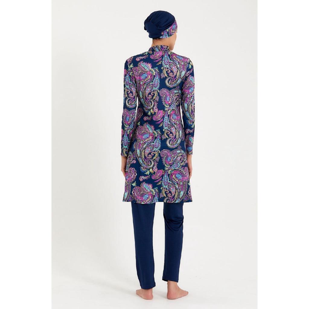 Women's Navy Blue Patterned Lycra Fully Covered Hijab Swimsuit