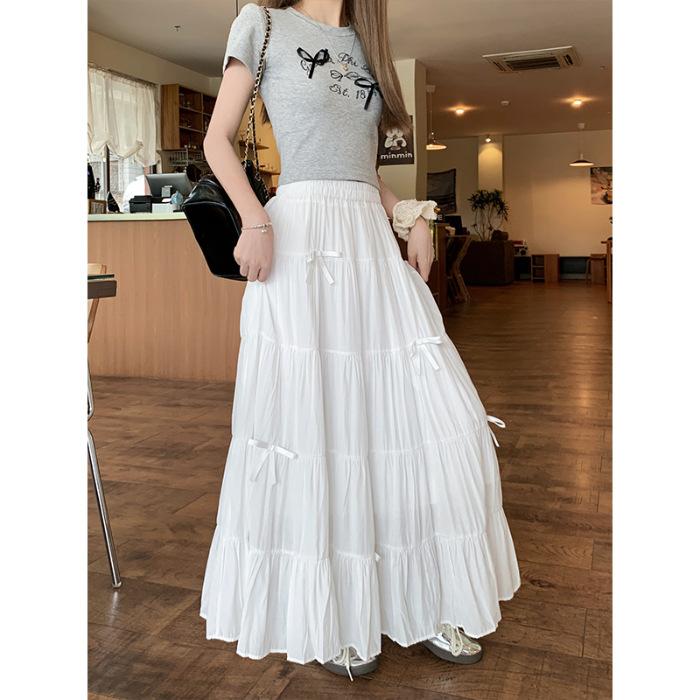 

[Original practice] Summer white skirt women s high waist retro loose bow temperament medium and long cake S белый