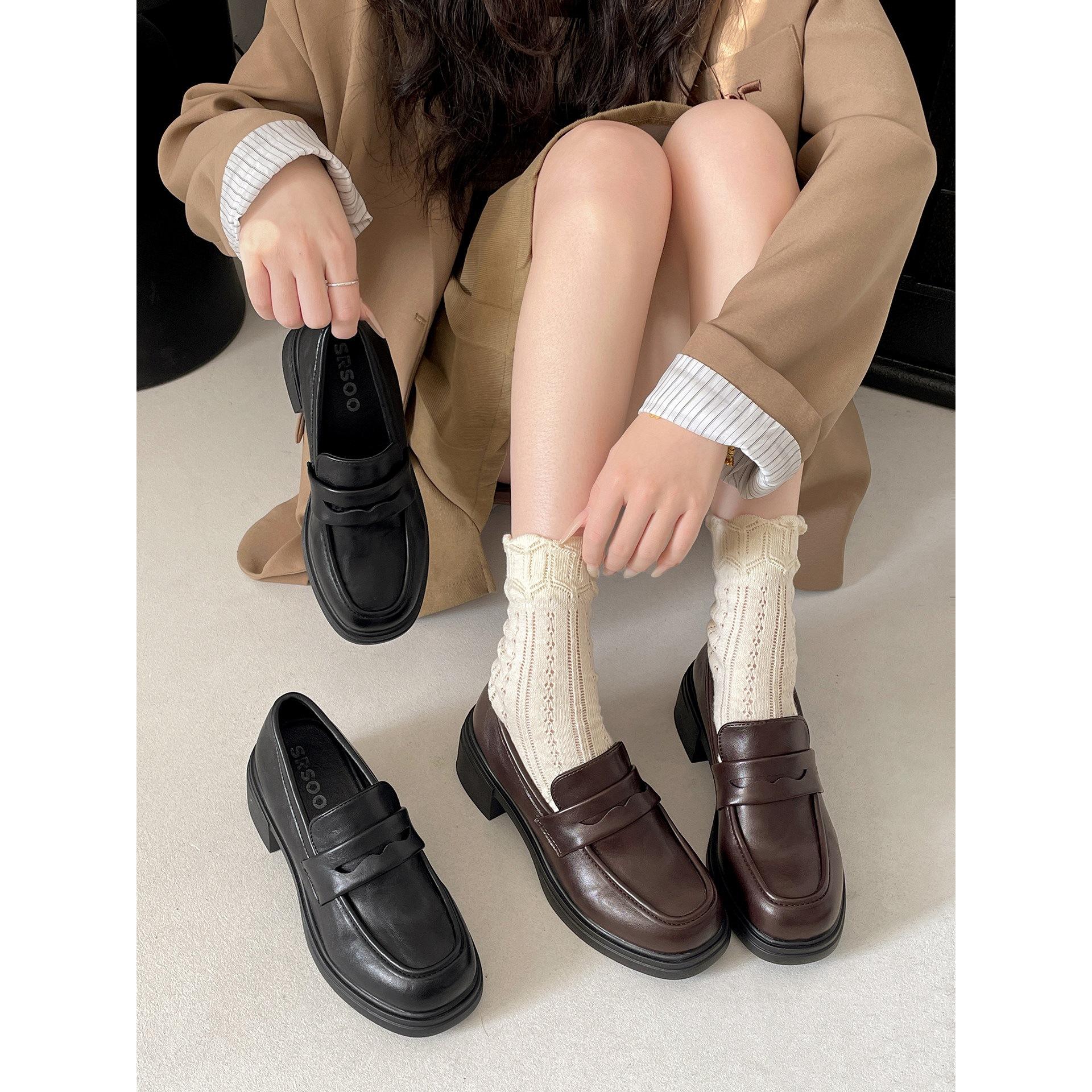 Brown retro thick heel jk small leather shoes women s small height increase soft sole loafers 40 коричневый 3350₽