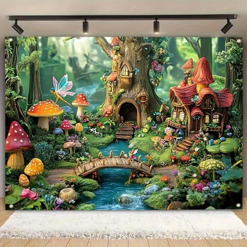 Magical Mushroom Forest Polyester Background Fabric - | A vibrant scene picture depicting a festive party 100x150cm