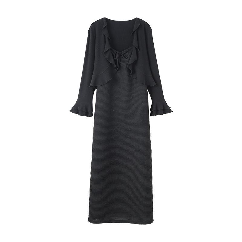 2025 Spring Shawl & Long Sleeve Camisole Dress Set - Plus Size Women's Two-Piece