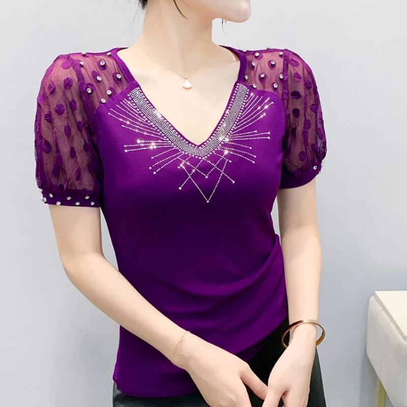 Summer New Mesh T-shirt Shiny Hot Diamonds Tees Sexy V-neck Short Sleeve Women's Tops Fashion Classic Girl Streetwear Blouse