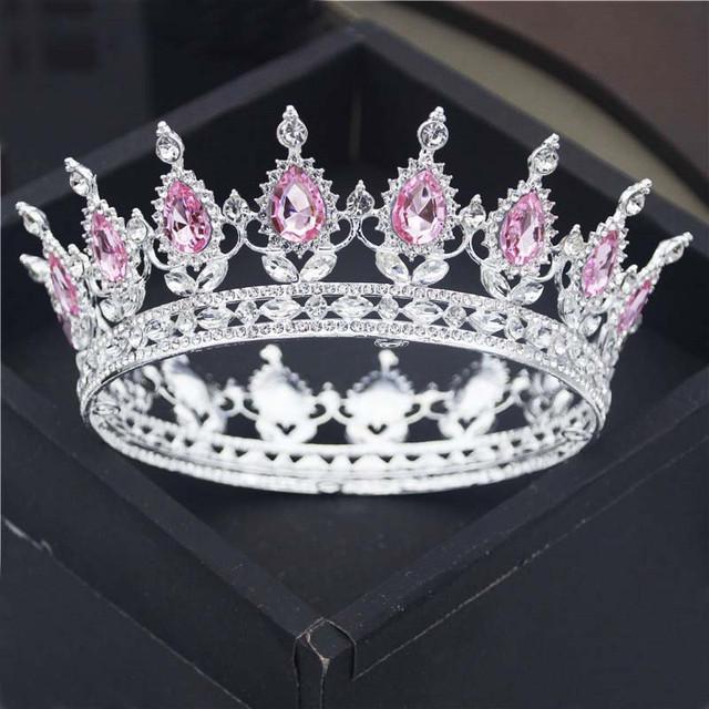 

Круглая капля со стразами, круглая металлическая корона принцессы, королева, король, торт ко дню рождения, диадемы, украшения для волос, вечерние, свадебные украшения на голову розовый цвет-серебро