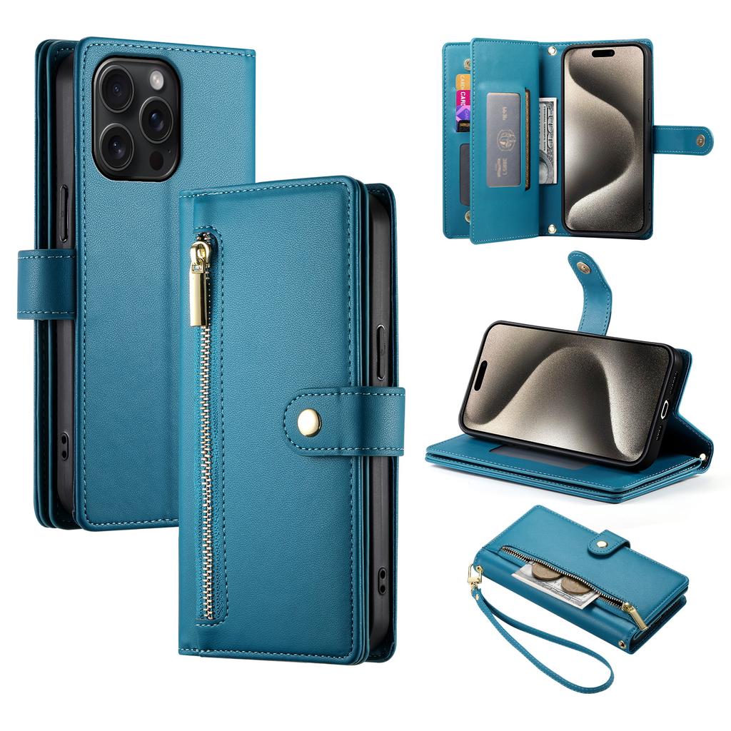 DF-011 For iPhone 15 Pro Max Leather Case Zipper Wallet Crossbody Phone Cover Stand View