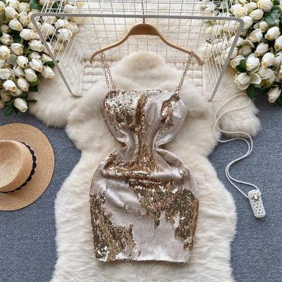 Sexy Pailletten Slip Einteiliges Kleid Frauen Patchwork Chic Vintage Abend Party Kleider Weiblichen Koreanischen Mode Design Schlanke Zeremonielle kleid 2024