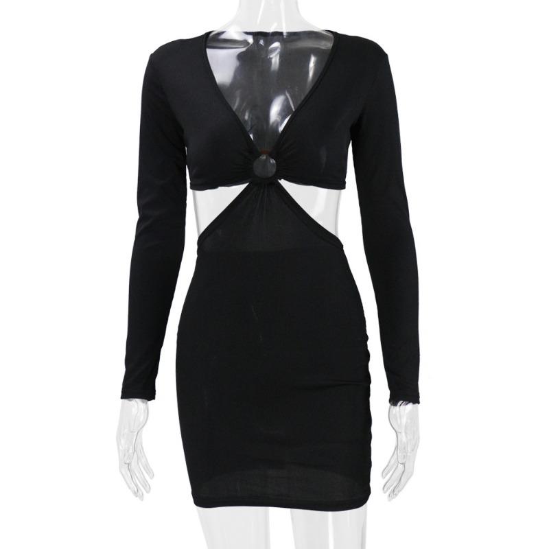 Women's Hollow Long Sleeve Low Neckline Sexy Dress Dress