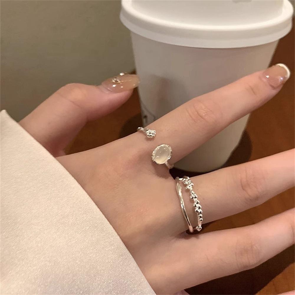 Double-layer moonstone ring Light luxury niche design ring Personality fashion temperament Versatile index finger ring