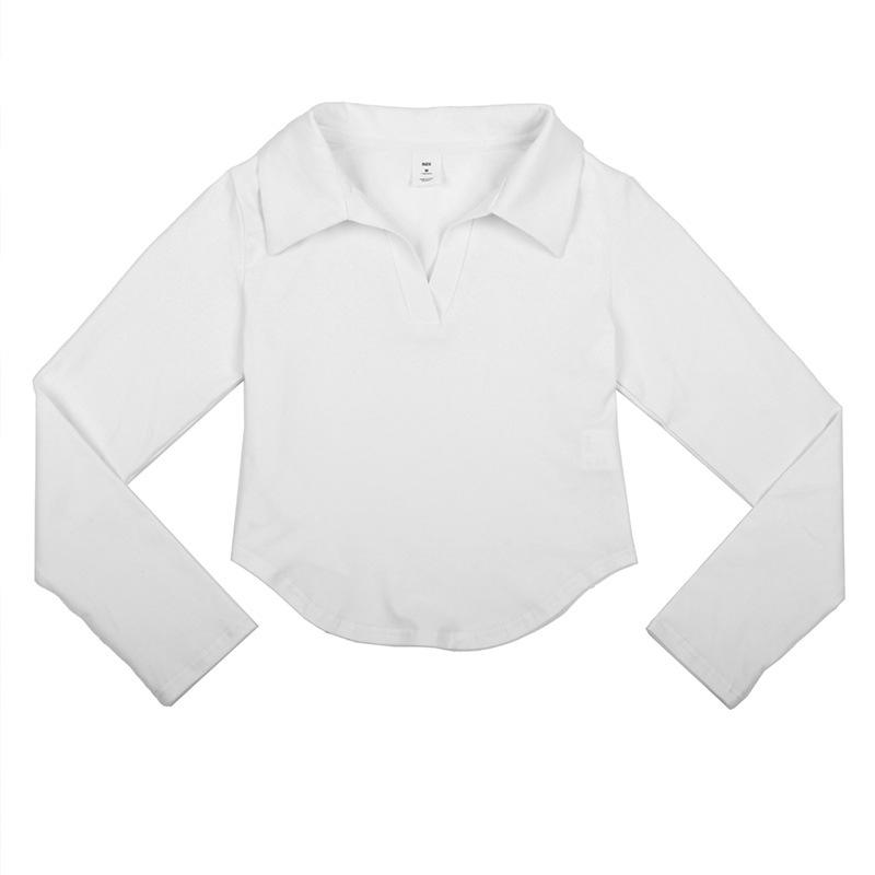Women's Black Pure Cotton Polo Collar Long-Sleeve Slim-Fit T-Shirt, Curved Hem, Versatile Spring/Autumn Style.