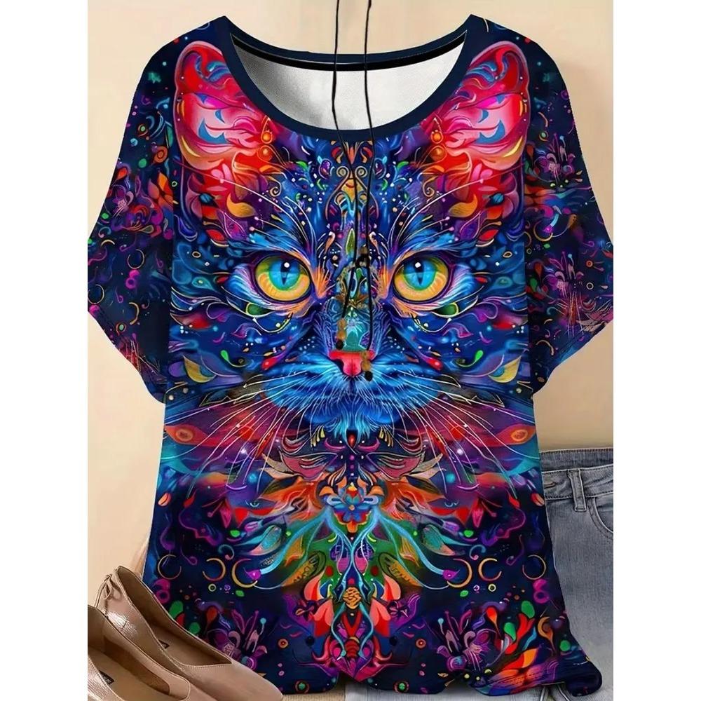 Cute Fun Animal 3D Printed Short Sleeved T-shirt Fashionable Comfortable Soft Breathable Large Loose Summer Womens T-shirt