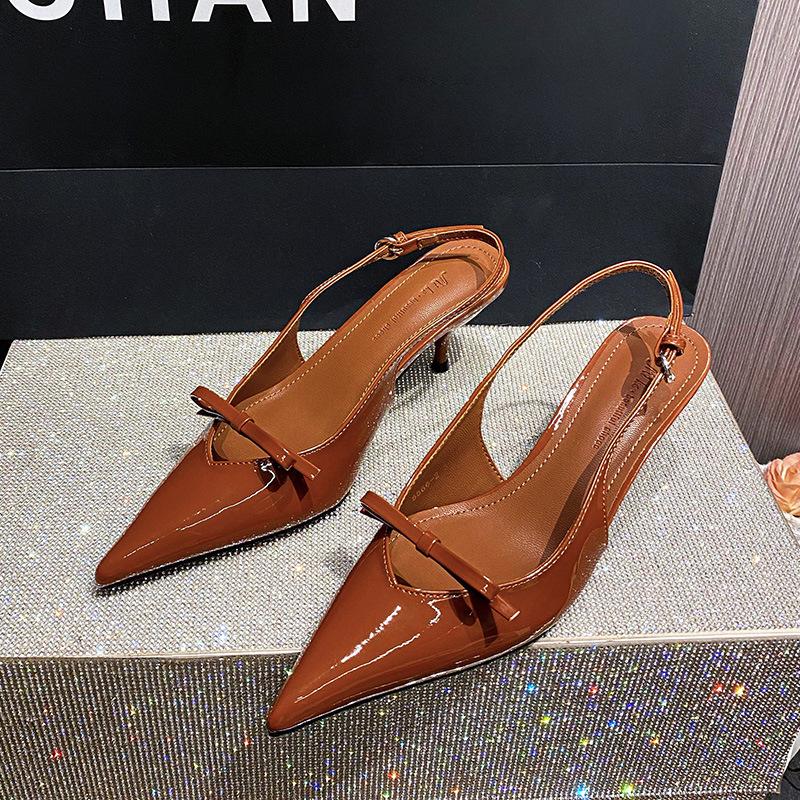

Весна и лето 2025 новая модель туфель-лодочек на тонком каблуке с острым носком и ремешком с пряжкой, женские нишевые дизайнерские универсальные сандалии с задним ремешком 40 коричневый