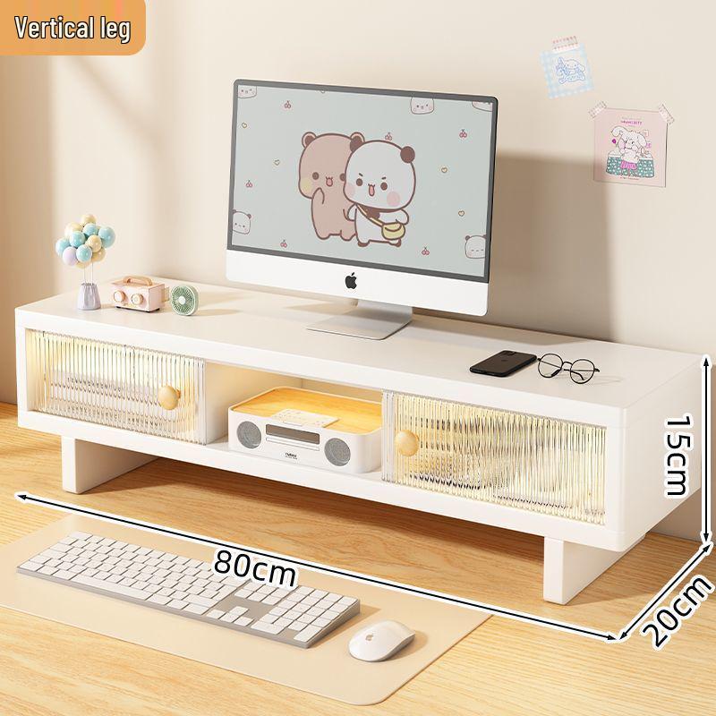 

Sliding Door Monitor Riser with Drawer - Desktop Laptop Stand & Storage Rack