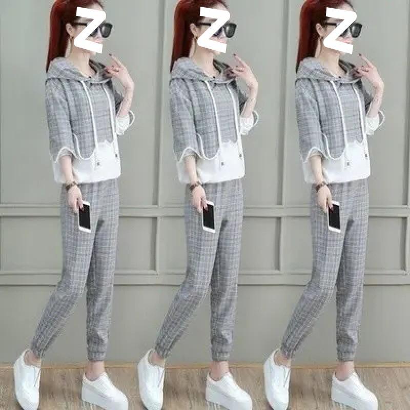 

Модный спортивный костюм-толстовка для женщин на весну и осень, в западном стиле, стройнящий и омолаживающий, профессиональный комплект из двух предметов для невысоких M серый