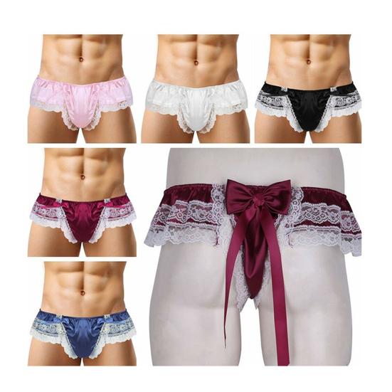 Low Waist Elastic Waistline Bowknot Decor U Convex Men Briefs Sexy Sweet Crochet Lace Stitch Nightclub Panties