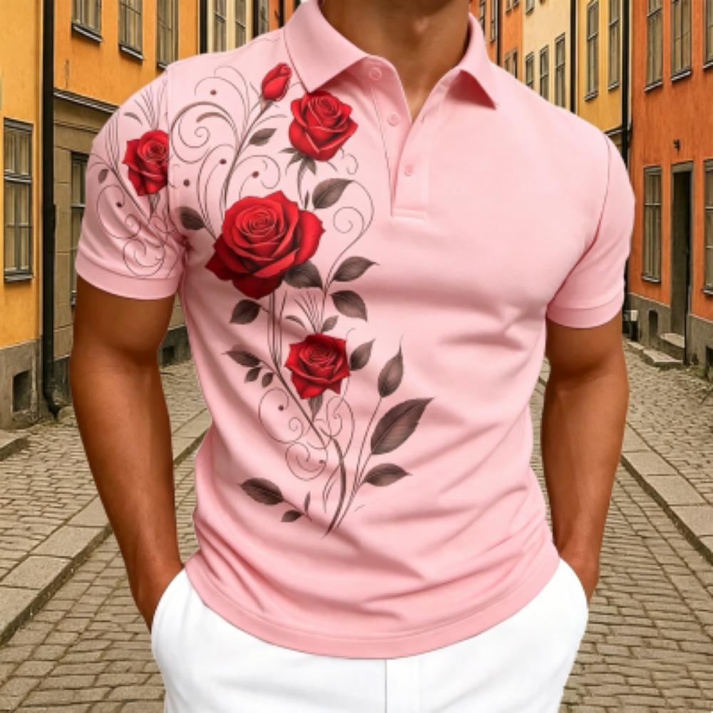 Elegantes Rotes Rosen-Blumenmuster Poloshirt Herren Outdoor Street Kurzarm T-Shirts Oberteil Sommer Zuhause Lässiges T-Shirt Herren und Damen Poloshirt