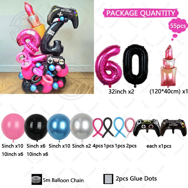 54pcs Red Lips Game Control Handle Black 1-9 Foil Digital Balloons Childrens Birthday Toys Party Decor Game Theme Party Supplies