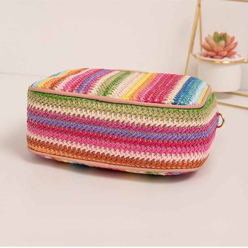Modische Damen Regenbogen Gestreifte Crossbody Umhängetasche Für Mädchen Kompakte Geldbörse Und Handtasche Damen Strohgewebte Muschel Strandtasche