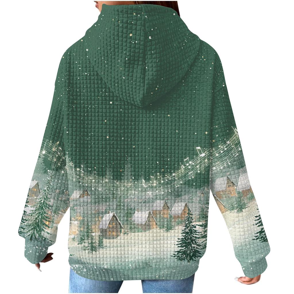 Dammode Lös Pullover med Huva Långärmad Rutig Sweatshirt med Dragsko, Nedhasad Axel, Ficka, Jultryck Topp