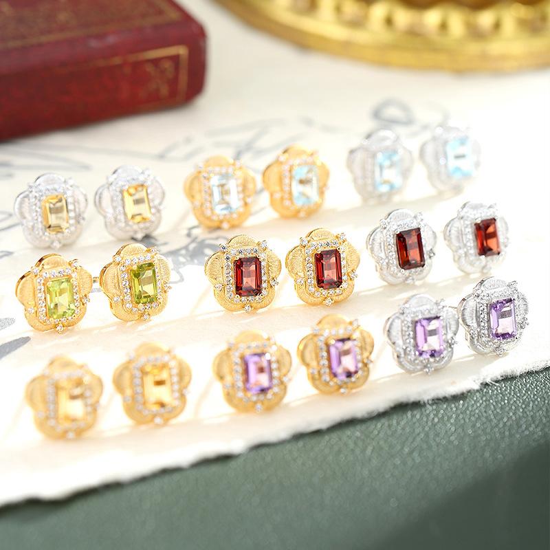 European American Retro Italian Brushed Natural Crystal Stone Earrings S925 Sterling Silver Stud Earrings Women's Jewelry Gift