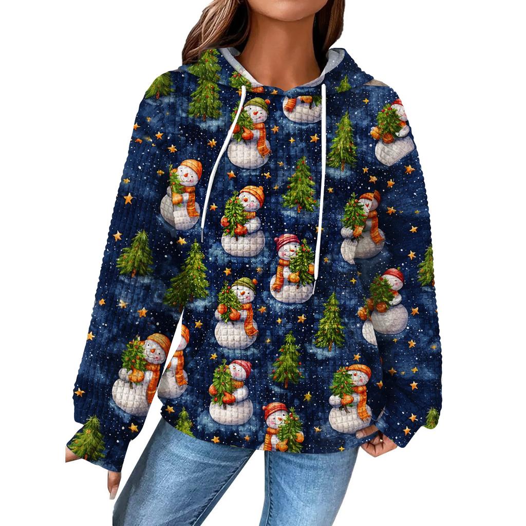 Women's Fashion Loose Hooded Pullover Long Sleeve Plaid Sweatshirt With Drawstring, Drop Shoulder, Pocket, Christmas Print Top