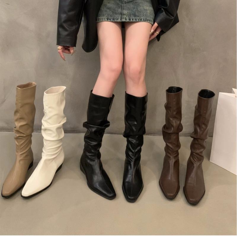 Retro pointed thick heeled long tube boots women,new spring elegant simple stacking boots fashion versatile women's shoes
