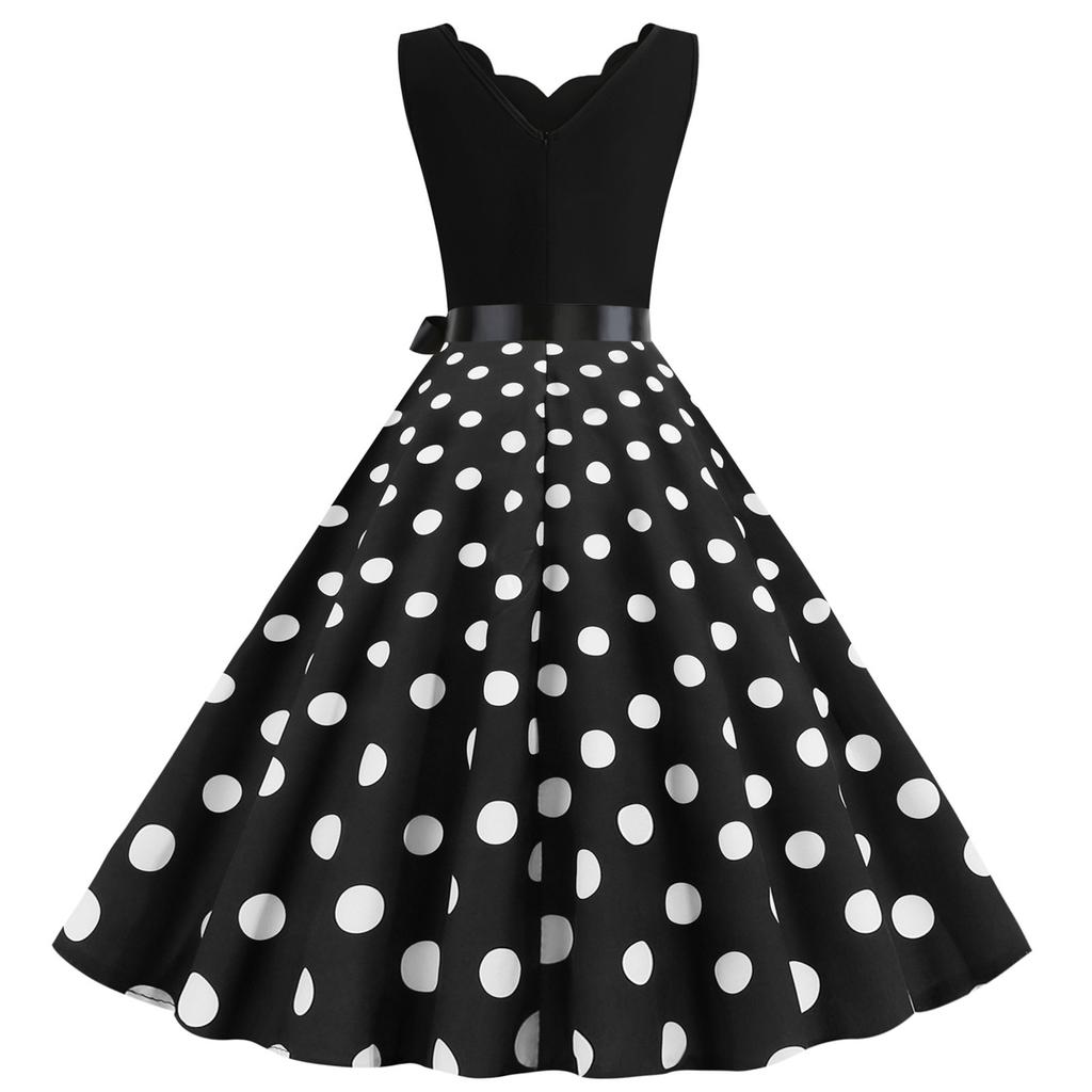Damska modna sukienka typu swing w stylu retro z dekoltem w szpic i nadrukiem w kropki