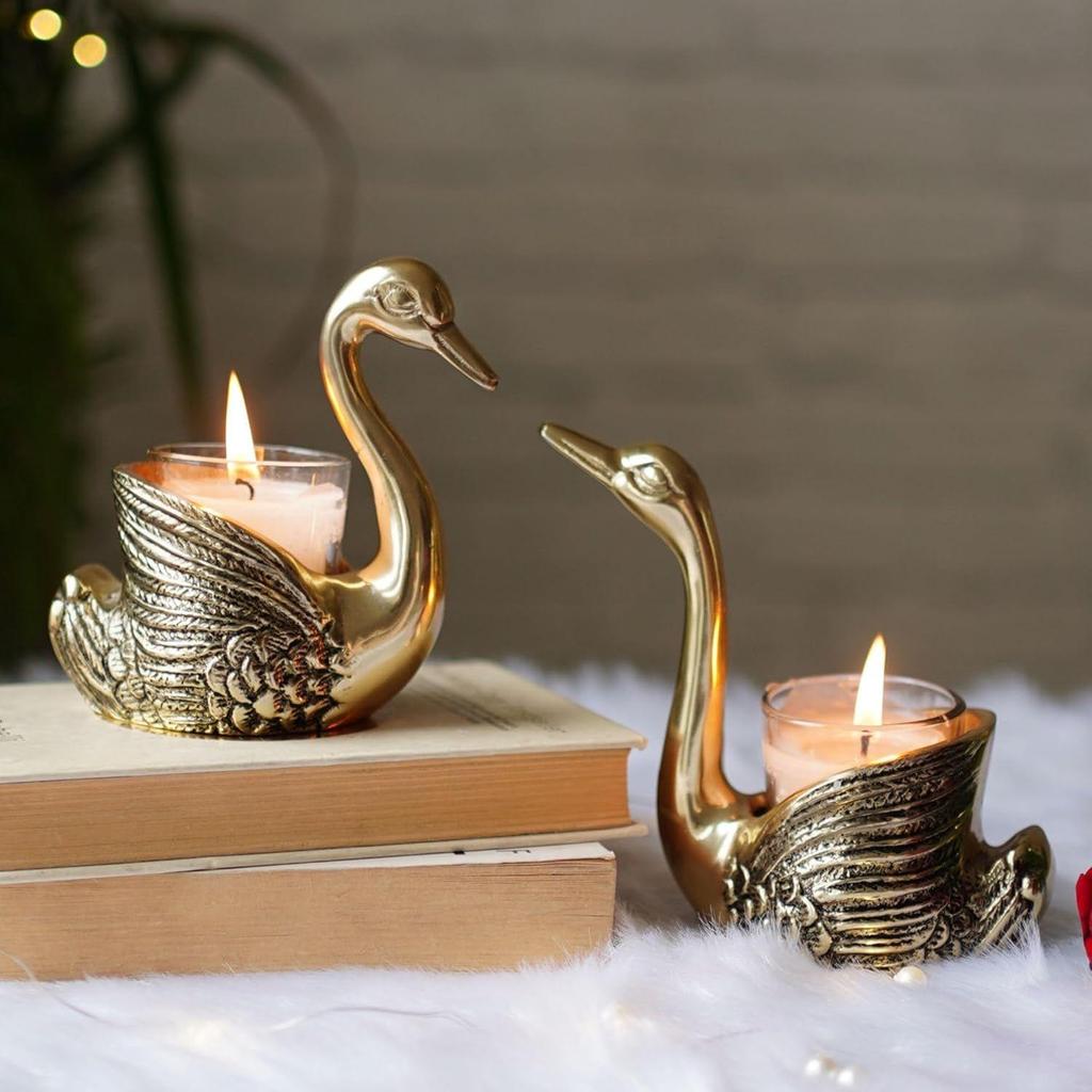 Aluminium Pair of Swans with Gift Box for Good Luck | Feng Shui Love Gifts Candle Holder for Home Decor Living Room
