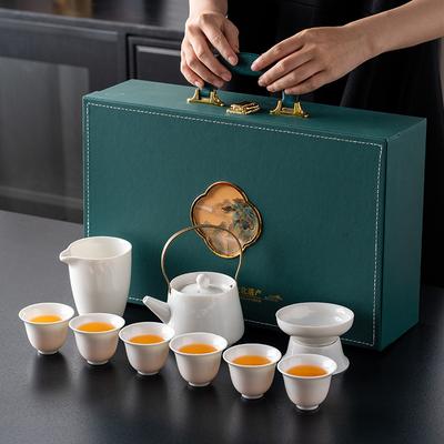 Light Luxury Suet Jade White Porcelain Kung Fu Tea Set, Complete Set of Office High-end Business Gifts, Gift Boxes, Boutique Products