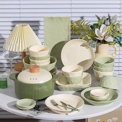KANGMO Kremowo-Żółty i Zielony Ceramiczny Zestaw Obiadowy na 16 Osób