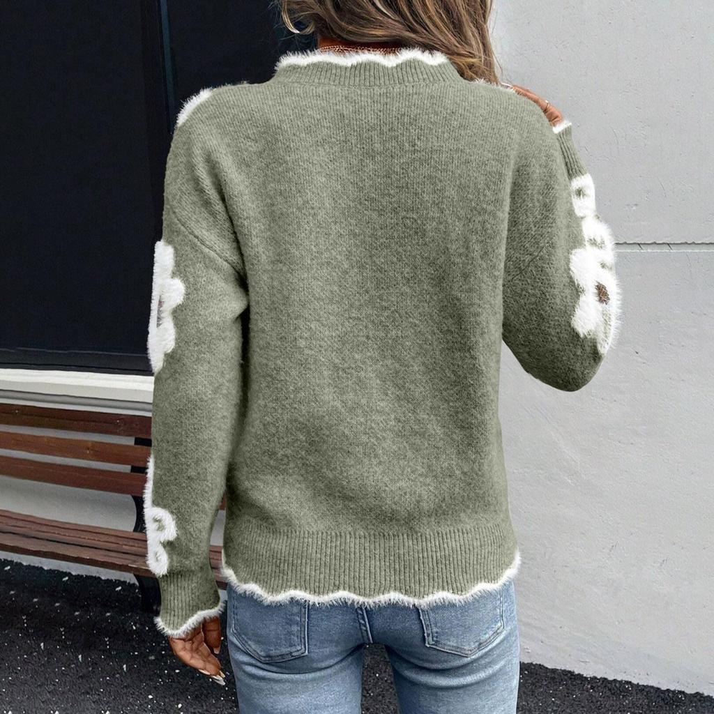 Women's Casual Fashion Elegant Floral  Knitted V-Neck Sweater